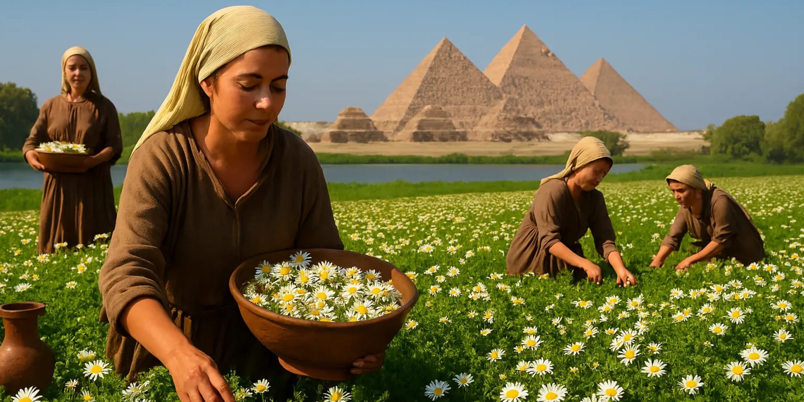 Workers harvesting Egyptian chamomile flowers in a field with pyramids in background